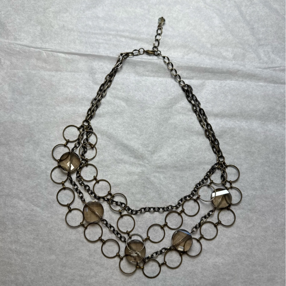 Gunmetal Circle and Smoke Gem Layered Necklace